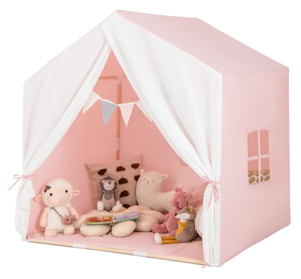 Costway Tenda gioco per bambini con tappetino lavabile e bandiera, Tenda con finestre struttura in legno Rosa