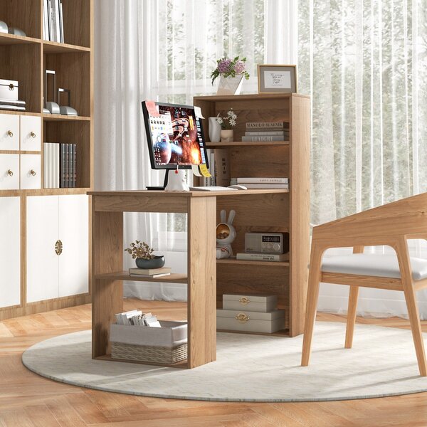 Costway Scrivania per computer da 122cm con libreria, Postazione di studio moderna compatta con 6 ripiani Naturale