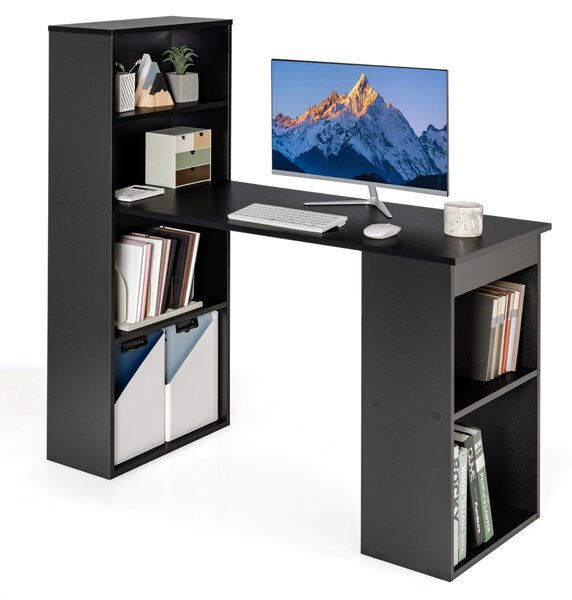 Costway Scrivania per computer da 122cm con libreria, Postazione di studio moderna compatta con 6 ripiani Nero