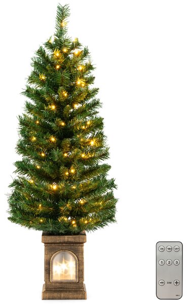 Costway Albero di Natale finto pre-illuminato in vaso da 120cm, Albero d'ingresso artificiale con 100 luci LED timer