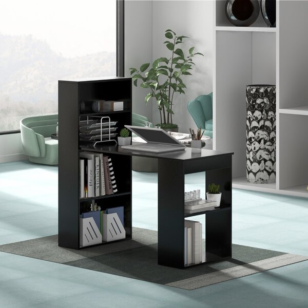 Costway Scrivania per computer da 122cm con libreria, Postazione di studio moderna compatta con 6 ripiani Nero