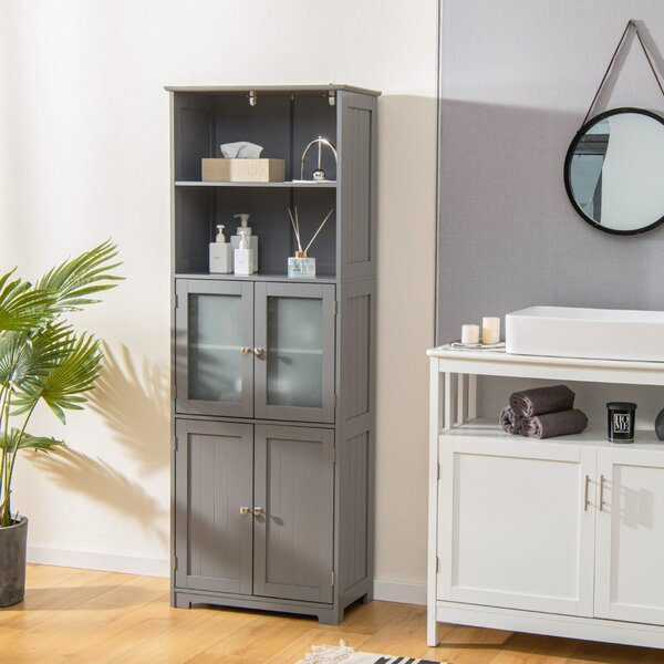 Costway Armadio 163cm con 2 armadietti scomparti aperti ripiani regolabili ante in vetro, Organizzatore da pavimento Grigio
