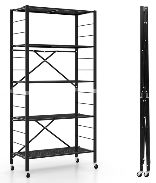 Costway Scaffale pieghevole in metallo con ruote e 5 ripiani, Carrello da cucina balcone soggiorno 76x34,5x153cm Nero