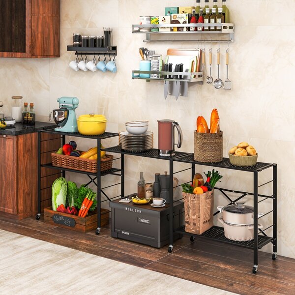 Costway Scaffale pieghevole in metallo con ruote e 5 ripiani, Carrello da cucina balcone soggiorno 76x34,5x153cm Nero