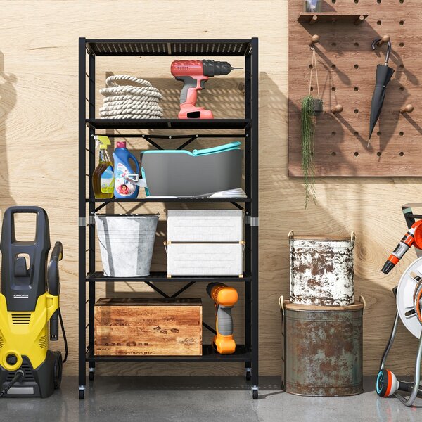 Costway Scaffale pieghevole in metallo con ruote e 5 ripiani, Carrello da cucina balcone soggiorno 76x34,5x153cm Nero