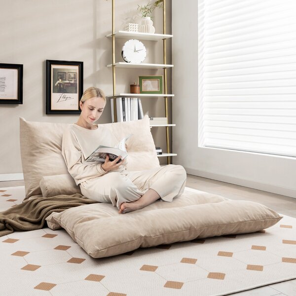 Costway Divano letto 2 posti regolabile con 2 cuscini, Divano da terra pieghevole con schienale regolabile Beige