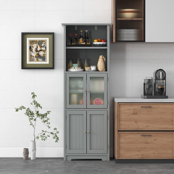 Costway Armadio 163cm con 2 armadietti scomparti aperti ripiani regolabili ante in vetro, Organizzatore da pavimento Grigio