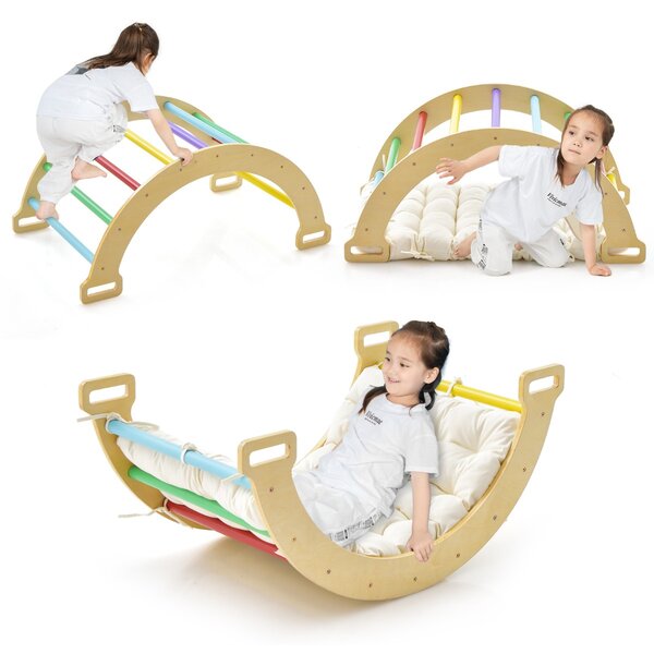 Costway Dondolo ad arco 2 in 1 con morbido cuscino, Arco di arrampicata a doppia faccia per bambini di 1+ anni Colorato