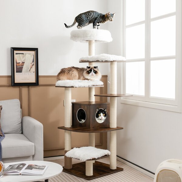 Costway Albero in truciolato per gatti con piattaforme multilivello, Albero attività con tiragraffi e colonne 179cm Marrone