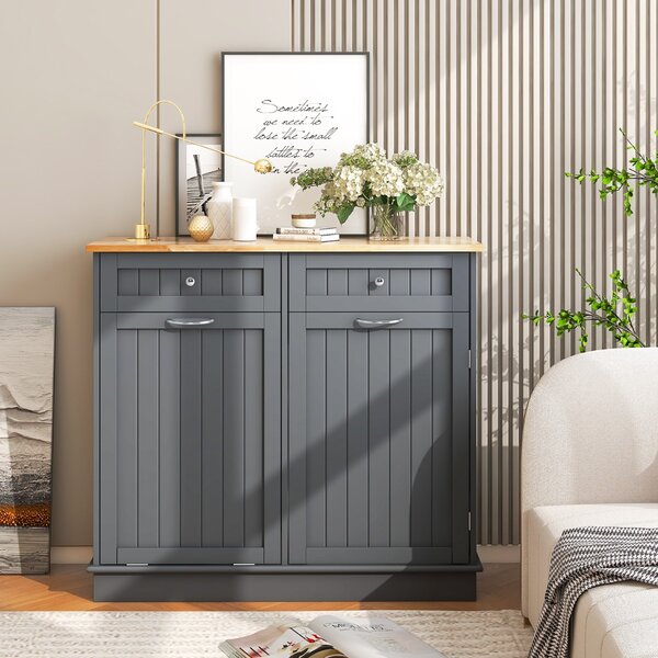 Costway Mobile per pattumiera ribaltabile da cucina, Mobile con vano per pattumiera piano in legno di gomma 2 cassetti Grigio