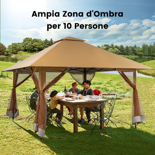 Costway Tettoia pop-up per gazebo con altezza regolabile borsa da trasporto con rotelle, Riparo portatile 400x400cm Marrone
