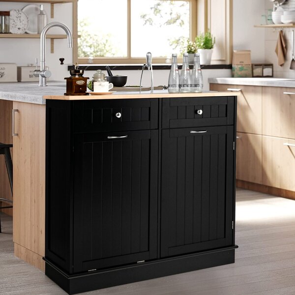 Costway Mobile per pattumiera ribaltabile da cucina, Mobile con vano per pattumiera piano in legno di gomma 2 cassetti Nero