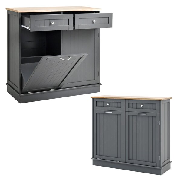 Costway Mobile per pattumiera ribaltabile da cucina, Mobile con vano per pattumiera piano in legno di gomma 2 cassetti Grigio