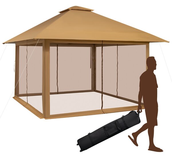 Costway Tettoia pop-up per gazebo con altezza regolabile borsa da trasporto con rotelle, Riparo portatile 400x400cm Marrone