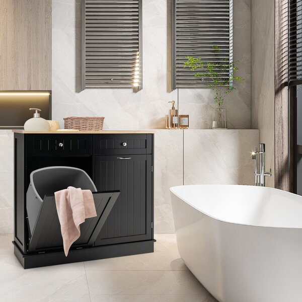 Costway Mobile per pattumiera ribaltabile da cucina, Mobile con vano per pattumiera piano in legno di gomma 2 cassetti Nero