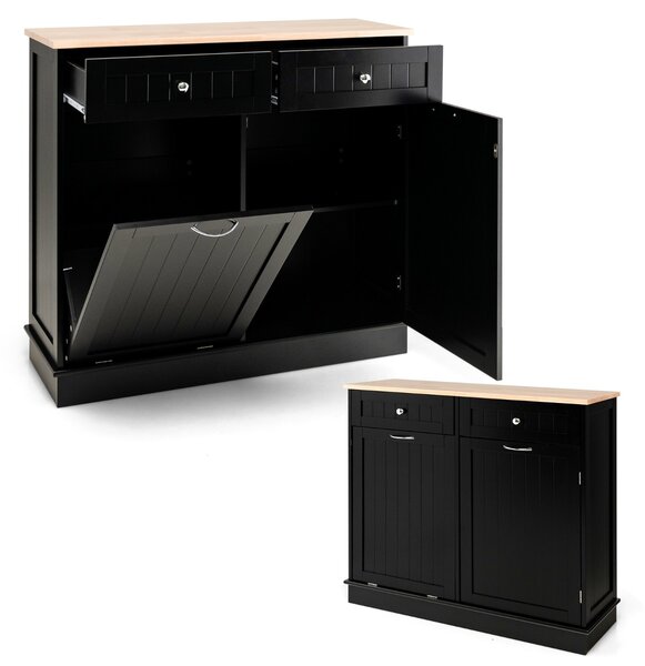 Costway Mobile per pattumiera ribaltabile da cucina, Mobile con vano per pattumiera piano in legno di gomma 2 cassetti Nero