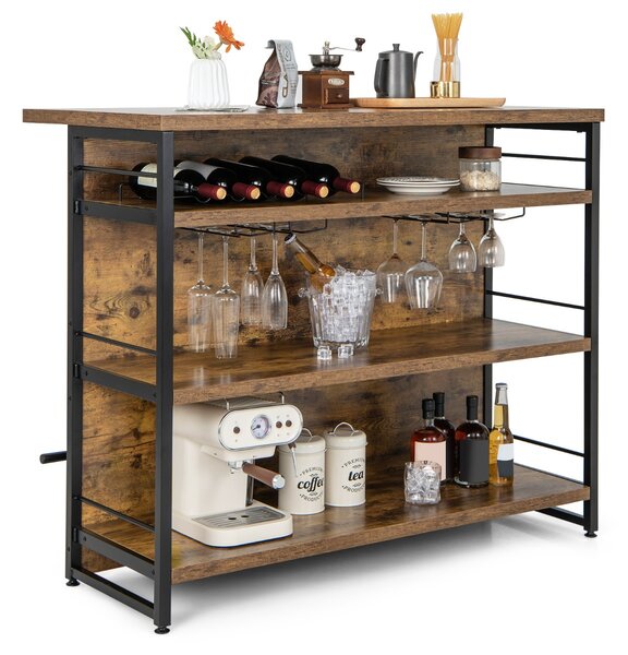 Costway Isola cucina stile industriale con 3 ripiani aperti portabottiglie e porta calici, Mobile bar con poggiapiedi Marrone
