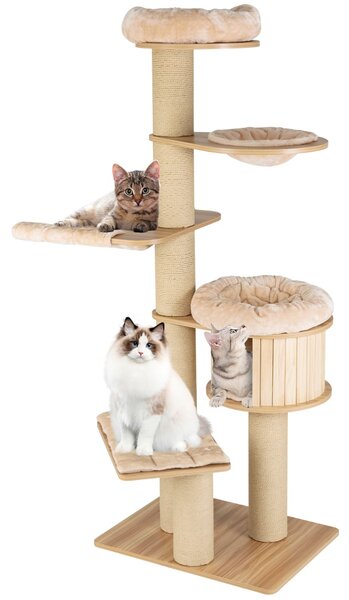 Costway Albero tiragraffi per gatti moderno e alto, Albero per gatti multistrato con nicchia in legno trespolo Beige