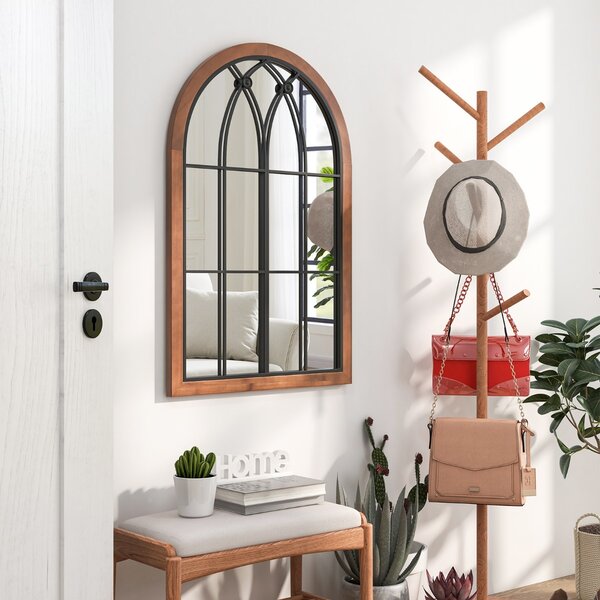 Costway Specchio finestra ad arco 60x90cm, Specchio da parete con cornice in legno di abete pannello posteriore Naturale