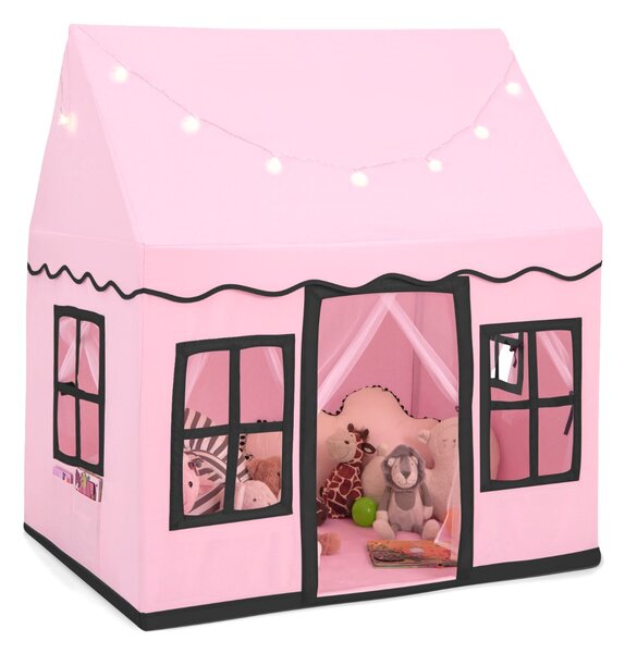 Costway Tenda da gioco per bambini con luci a stella tappetino in velluto lavabile, Casetta per interni ed esterni Rosa