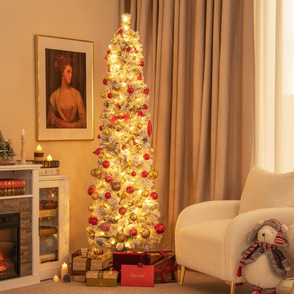 Costway Albero di Natale pre-illuminato con 150 luci bianche calde 373 rametti aghi di pino, Albero di Natale slim 180cm