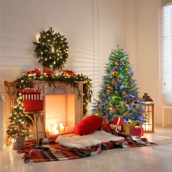 Costway Albero di Natale pre-illuminato con cerniera 844 punte di ramo luci LED multi-colori, Albero di Natale 150cm