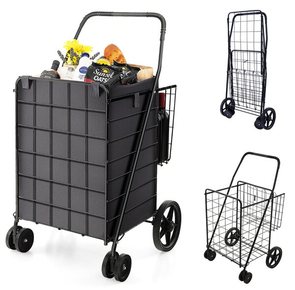 Costway Carrello della spesa 120L con fodera in Oxford ruote anteriori piroettanti, Carrello per la spesa pieghevole Nero