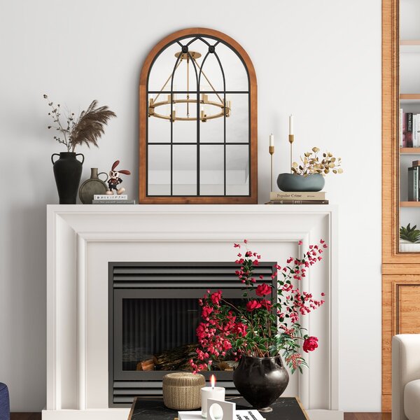 Costway Specchio finestra ad arco 60x90cm, Specchio da parete con cornice in legno di abete pannello posteriore Naturale