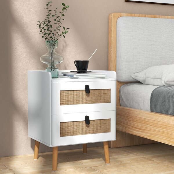 Costway Comodino moderno con 2 cassetti gambe in legno massello stile boho, Tavolino laterale 45x40x57cm Bianco