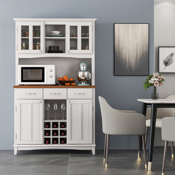 Costway Credenza alta con ante in vetro temperato portabottiglie ripiani regolabili 3 cassetti, Mobile dispensa da cucina