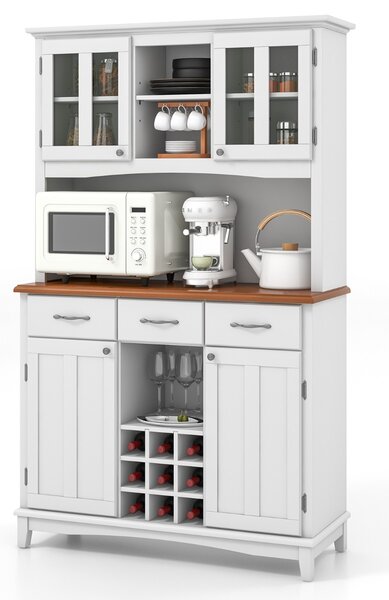 Costway Credenza alta con ante in vetro temperato portabottiglie ripiani regolabili 3 cassetti, Mobile dispensa da cucina