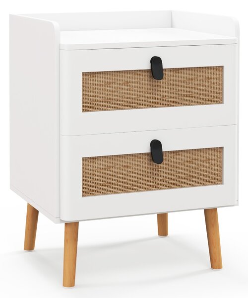 Costway Comodino moderno con 2 cassetti gambe in legno massello stile boho, Tavolino laterale 45x40x57cm Bianco