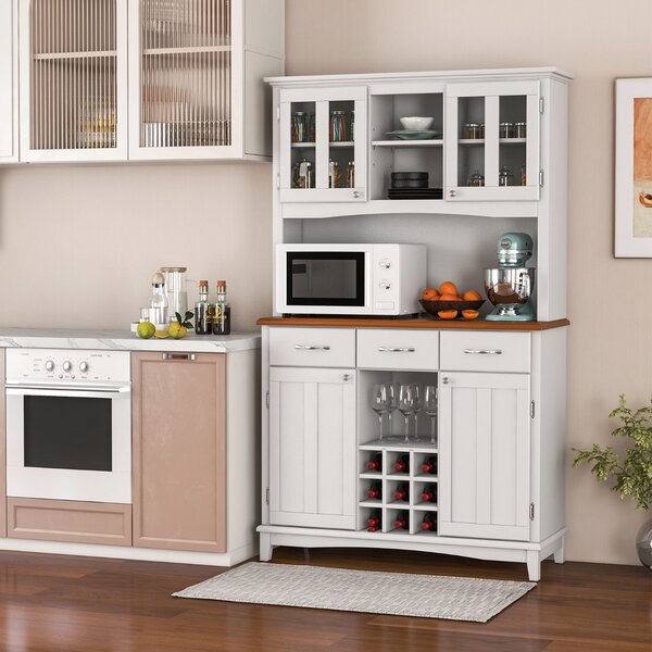 Costway Credenza alta con ante in vetro temperato portabottiglie ripiani regolabili 3 cassetti, Mobile dispensa da cucina