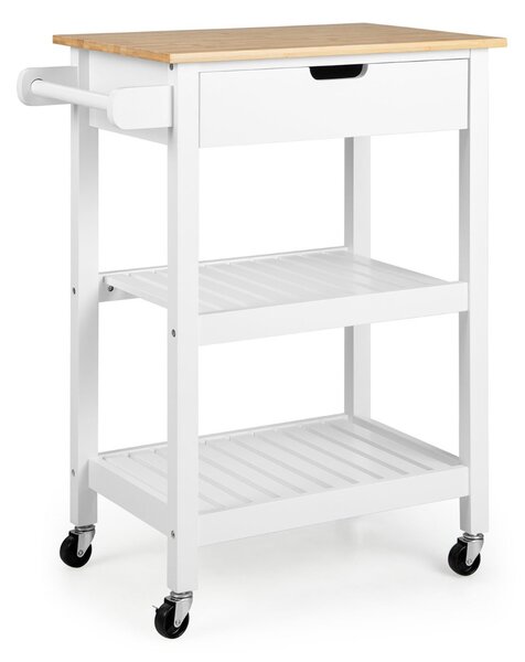 Costway Carrello cucina con ruote cassetto piano in bambù, Isola portaoggetti da bar cucina sala da pranzo Bianco