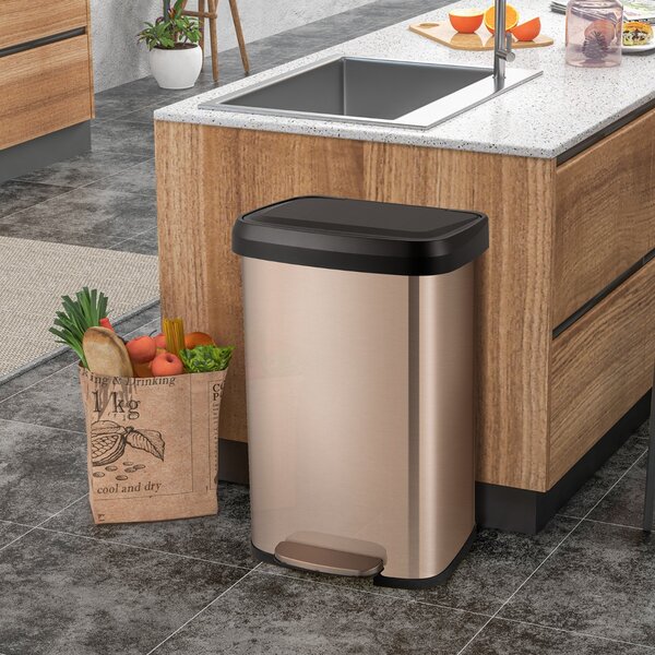 Costway Cestino dell'immondizia in acciaio inox con coperchio con chiusura automatica, Bidone della spazzatura 50L Rosa doratoe