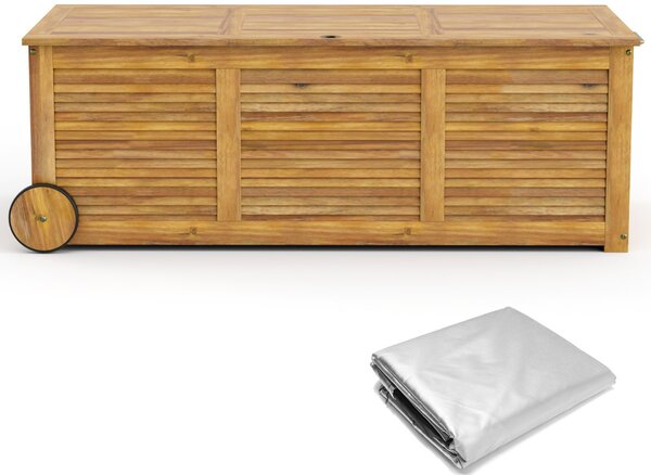 Costway Baule da giardino in legno acacia 182L con 2 ruote borsa interna impermeabile, Contenitore da esterno 127x50x45cm