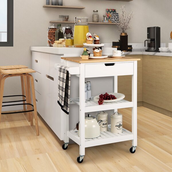 Costway Carrello cucina con ruote cassetto piano in bambù, Isola portaoggetti da bar cucina sala da pranzo Bianco