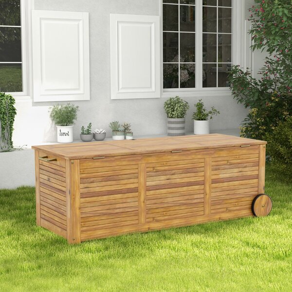 Costway Baule da giardino in legno acacia 182L con 2 ruote borsa interna impermeabile, Contenitore da esterno 127x50x45cm