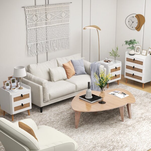 Costway Comodino moderno con 2 cassetti gambe in legno massello stile boho, Tavolino laterale 45x40x57cm Bianco