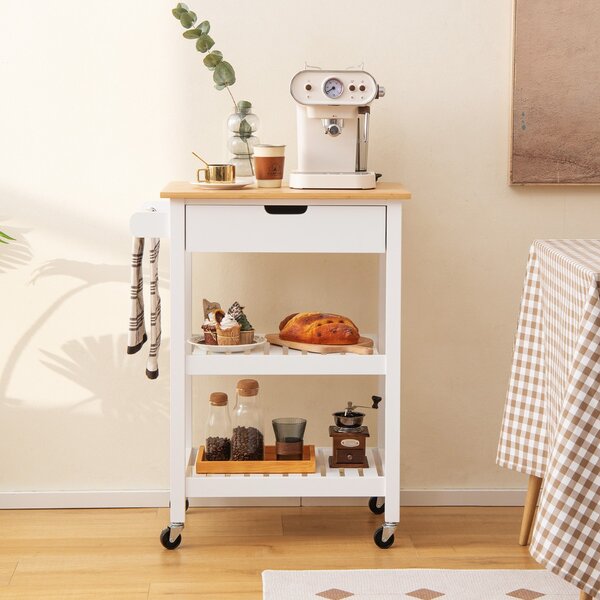 Costway Carrello cucina con ruote cassetto piano in bambù, Isola portaoggetti da bar cucina sala da pranzo Bianco