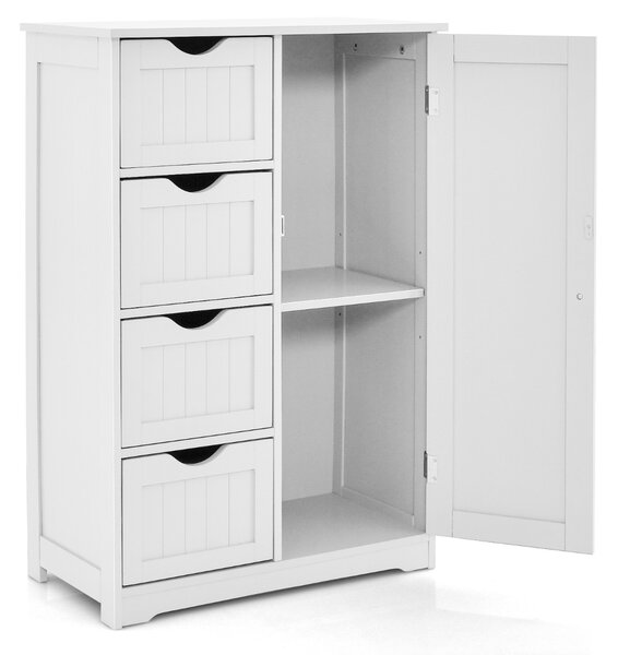 Costway Mobiletto per bagno con 4 cassetti 1 anta ripiano regolabile, Mobile multiuso da terra in legno 56x30x82cm Bianco