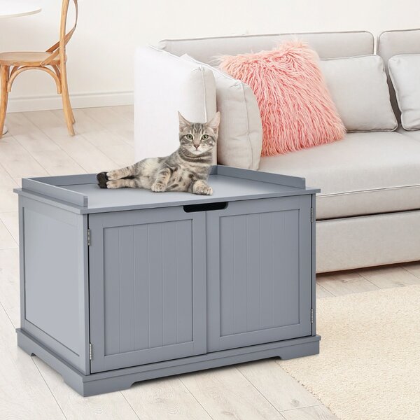 Costway Casetta privata per gatti con struttura in legno resistente, Casa multifunzionale con foro per gatti Grigio