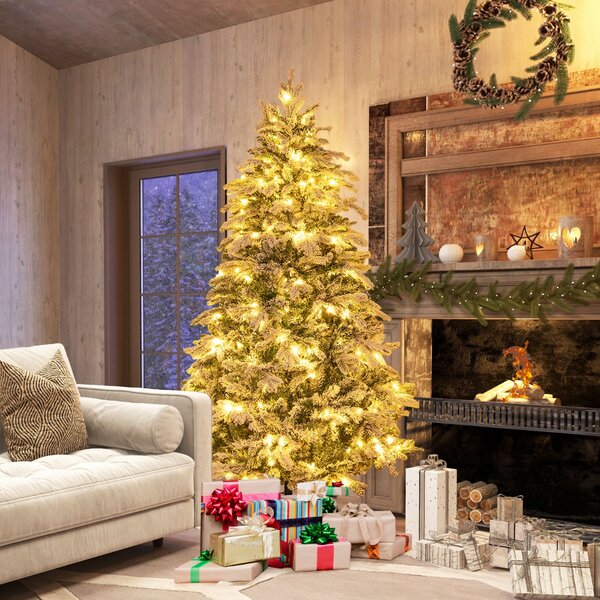 Costway Albero di natale innevato con 260 luci led giunti a cerniera, Albero Natale pre-illuminato 180cm Bianco