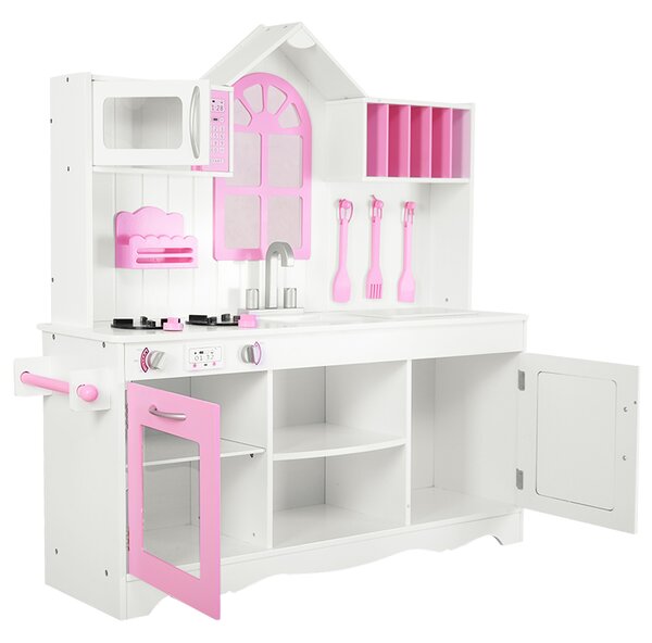 Costway Set da cucina giocattolo per bambini, Set cucina in legno con pentole in legno accessori da cucina 106,5x32x109cm