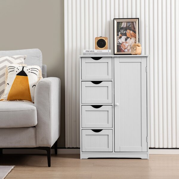 Costway Mobiletto per bagno con 4 cassetti 1 anta ripiano regolabile, Mobile multiuso da terra in legno 56x30x82cm Bianco