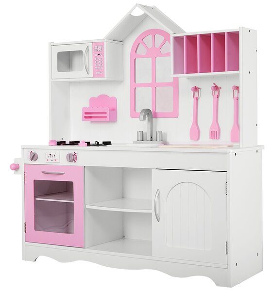 Costway Set da cucina giocattolo per bambini, Set cucina in legno con pentole in legno accessori da cucina 106,5x32x109cm