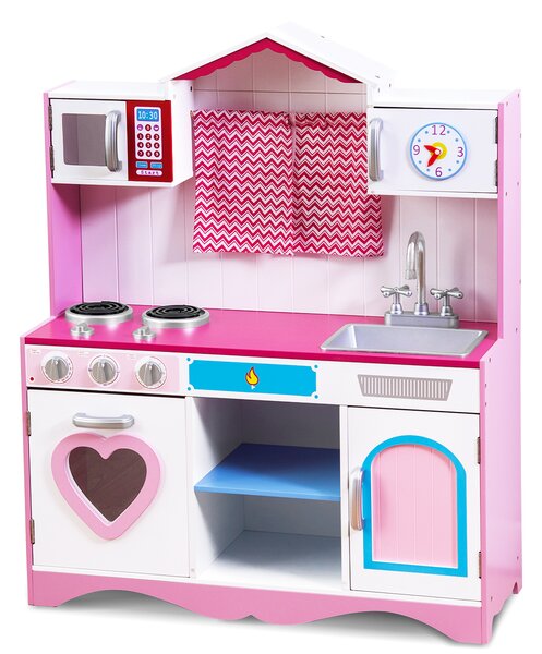 Costway Cucina da gioco con lavello rubinetto forno a microonde fornelli per bambini, Set da cucina da gioco 82x30x100,5cm