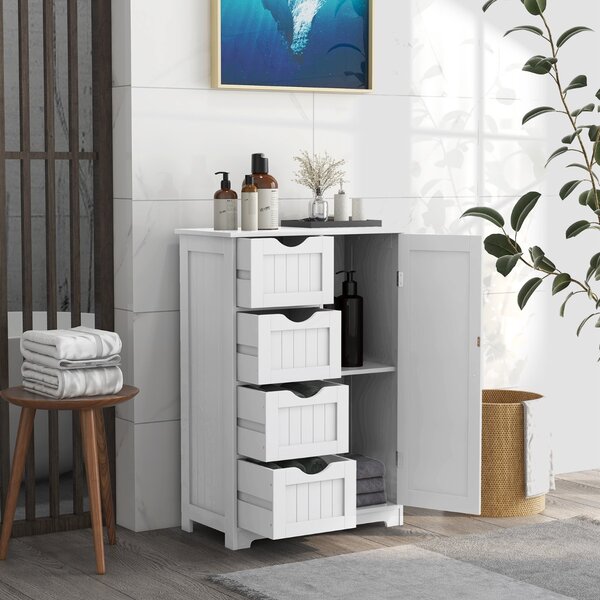 Costway Mobiletto per bagno con 4 cassetti 1 anta ripiano regolabile, Mobile multiuso da terra in legno 56x30x82cm Bianco