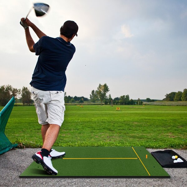 Costway Tappeto golf con 2 punte da golf 2 aste di allineamento 6 fori preforati per le punte, Tappeto in erba sintetica 152x92x2,5cm