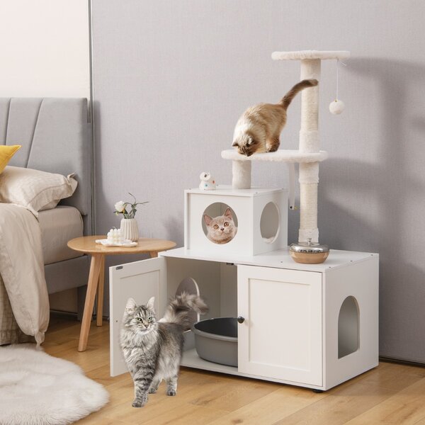 Costway Casa per lettiera per gatti in legno con torre pallina tintinnante divisorio, Mobile per gatti da interno Bianco